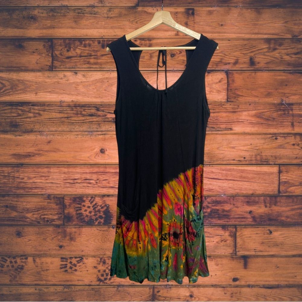 Sleeveless Black Dress with Multicolor Tie-Dye Hem